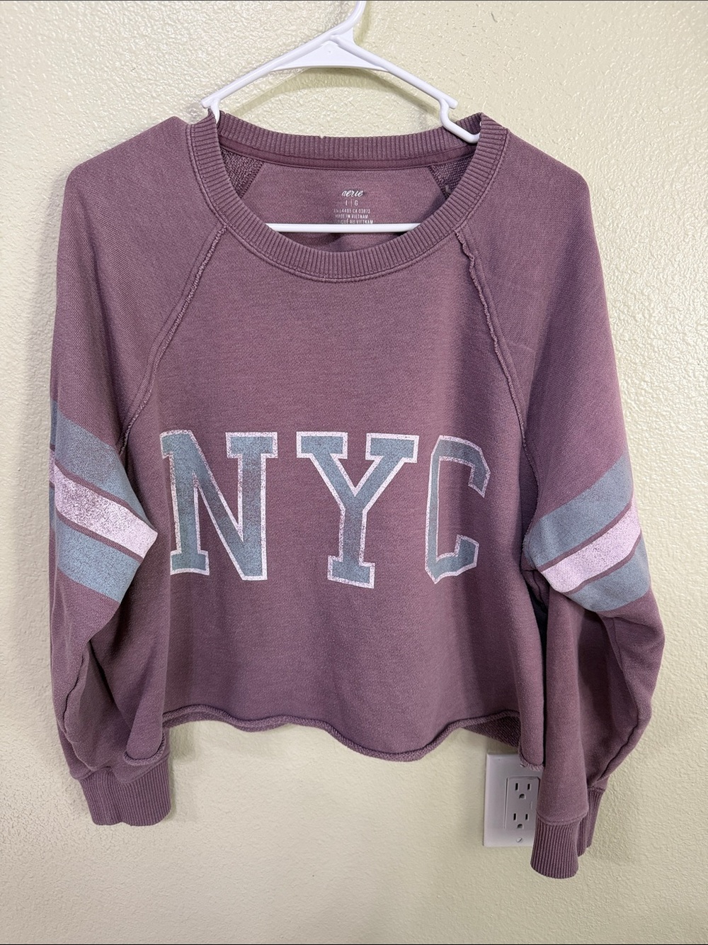 aerie Mauve NYC Cropped Crewneck Sweatshirt with Stripe Sleeves
